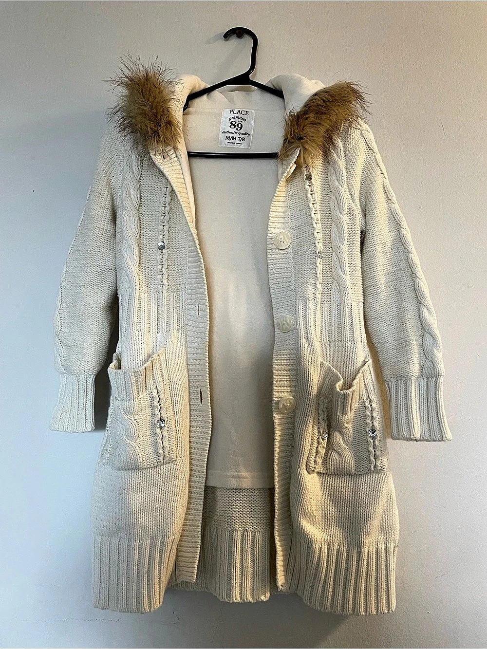 The Children's Place Hooded Knit Cardigan Quality jacket in Cream Size Medium (7